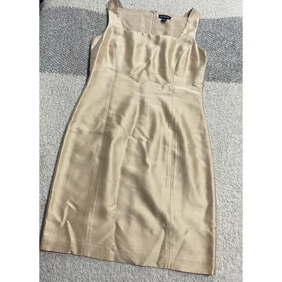 VTG Ann Taylor Sheath Dress Womens 8 Sleeveless Square Neck 100% Silk Gold Party - Picture 1 of 13